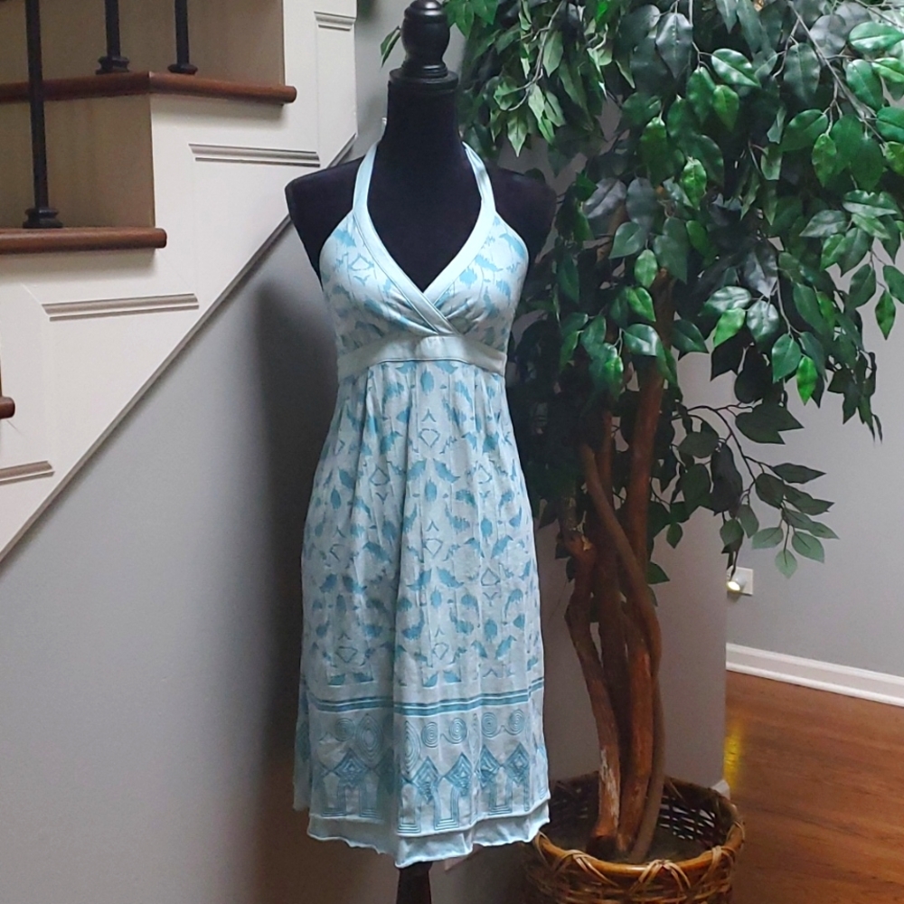 Athleta Blue Balsa Aztec Burnout Halter Dress